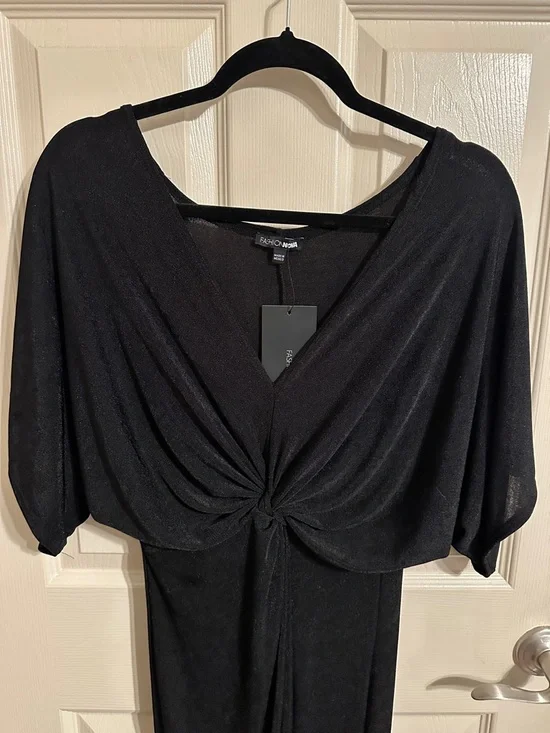 Fashion Nova Full Grown Twist-Front Bat Wing Midi Dress w Front Slit, Black, XL - Picture 3 of 10